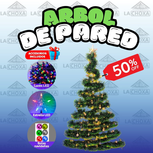 ARBOL DE NAVIDA PARA PARED + LUCES + BOLAS NAVIDEÑAS